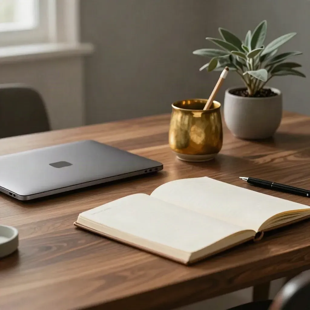 Closed laptop, blank notebook, ceramic pencil cup, and small plant on a freshly cleared walnut desk.