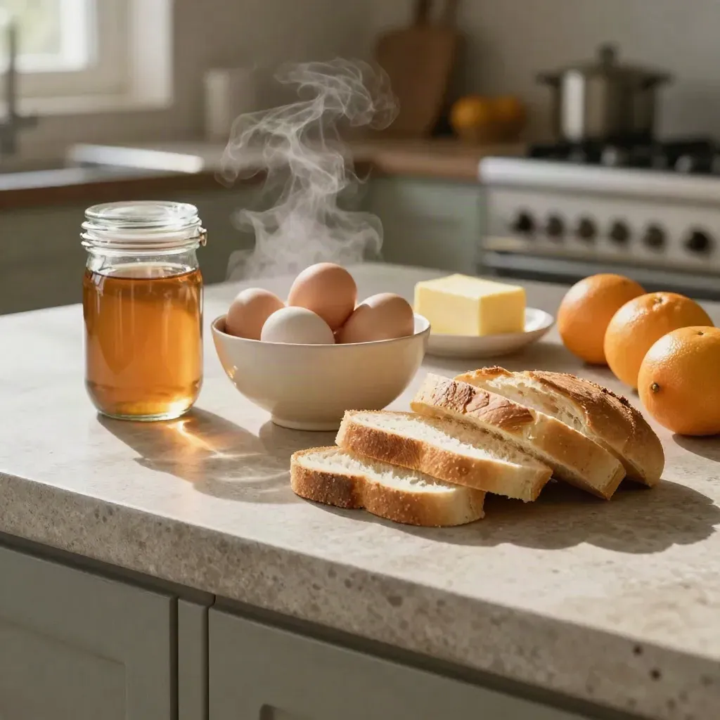 Eggs, butter, bread, citrus and a jar on a stone counter in warm morning light.