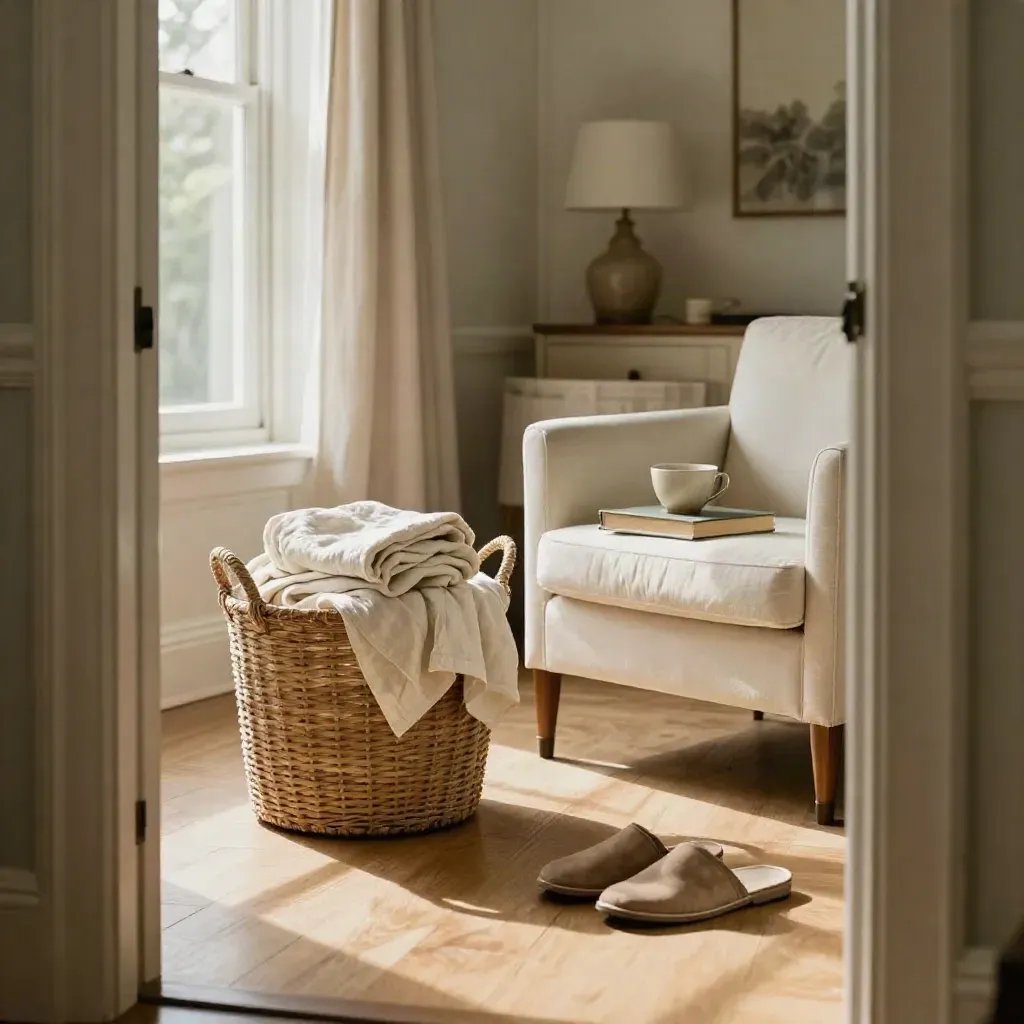 Living room reset scene with folded laundry, tea cup, book, slippers, and basket by a chair.